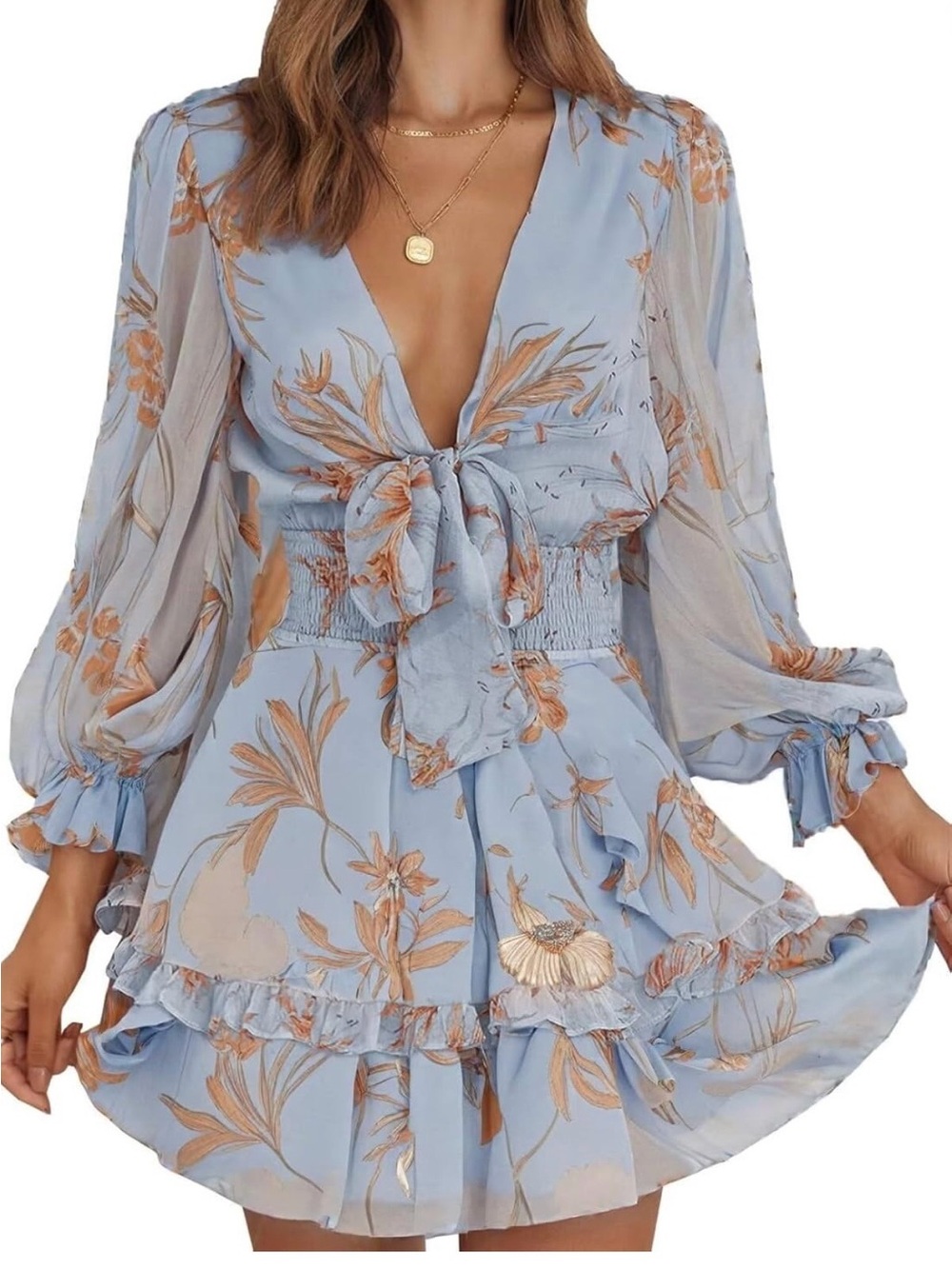 Light Blue Floral Tie-Front Mini Dress with Rust Print